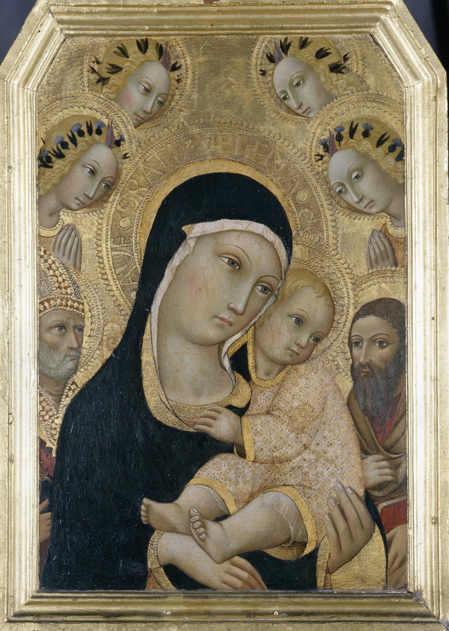 マドンナと子供と天使と聖人、1450年頃（ポプラの木のテンペラ） 作： サノ・ディ・ピエトロ