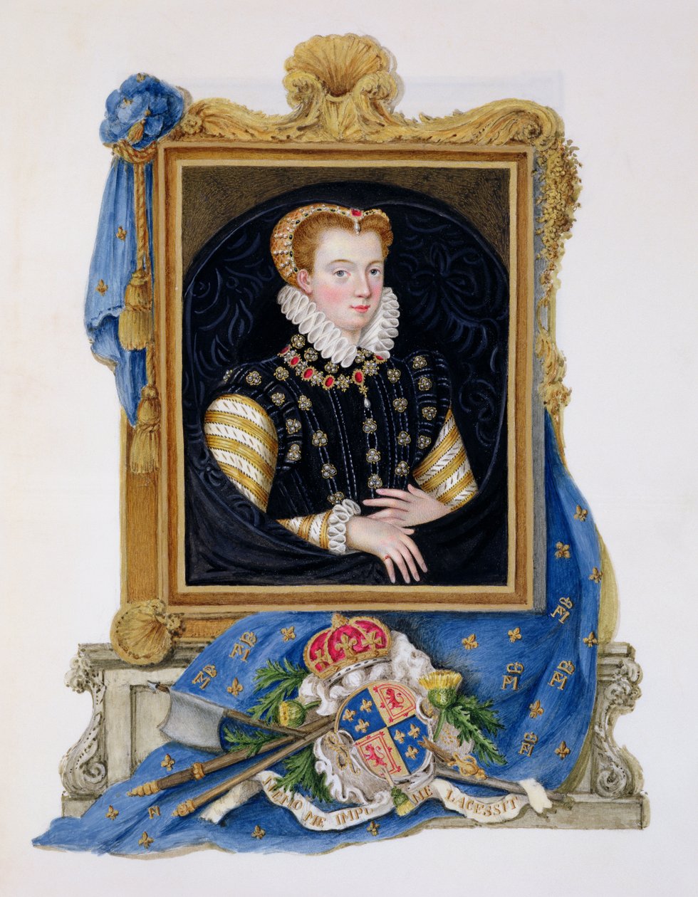 1825年に出版された「エリザベス女王の裁判所の回想録」からスコットランドのメアリー女王の肖像画（1542-87）（WCとガッシュ紙） 作： エセックスのサラ伯爵夫人