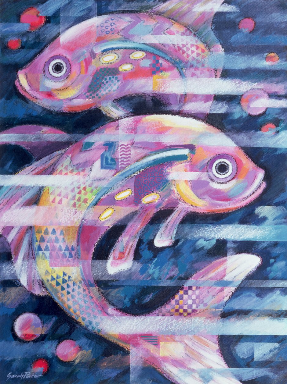 Fishstream（紙にアクリルとオイルパステル） 作： サラ・ポーター