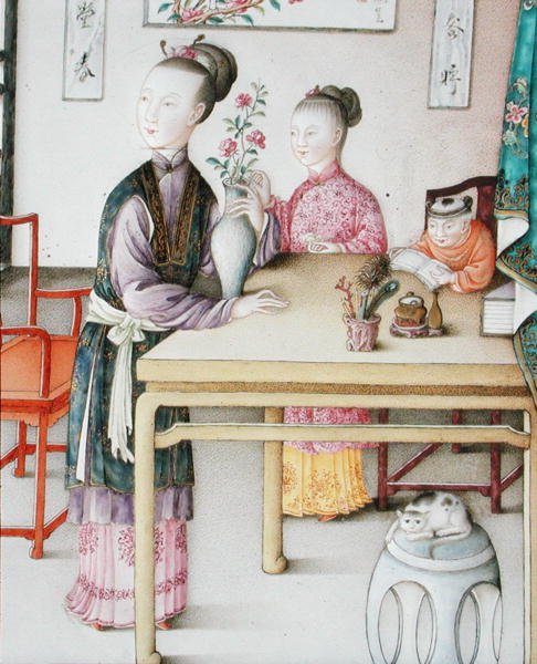 乾隆時代の宮廷用カントンパネルのディテール 作： 学校の中国語