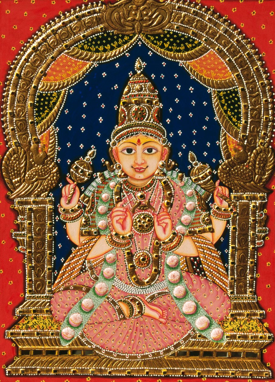 サラスヴァティー女神のエンボス、タンジョール絵画 作： 学校インド