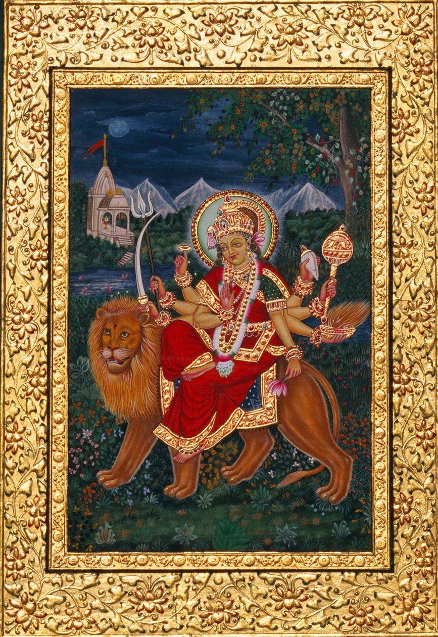 ドゥルガー女神のミニチュア絵画、金色のフレーム付き 作： 学校インド