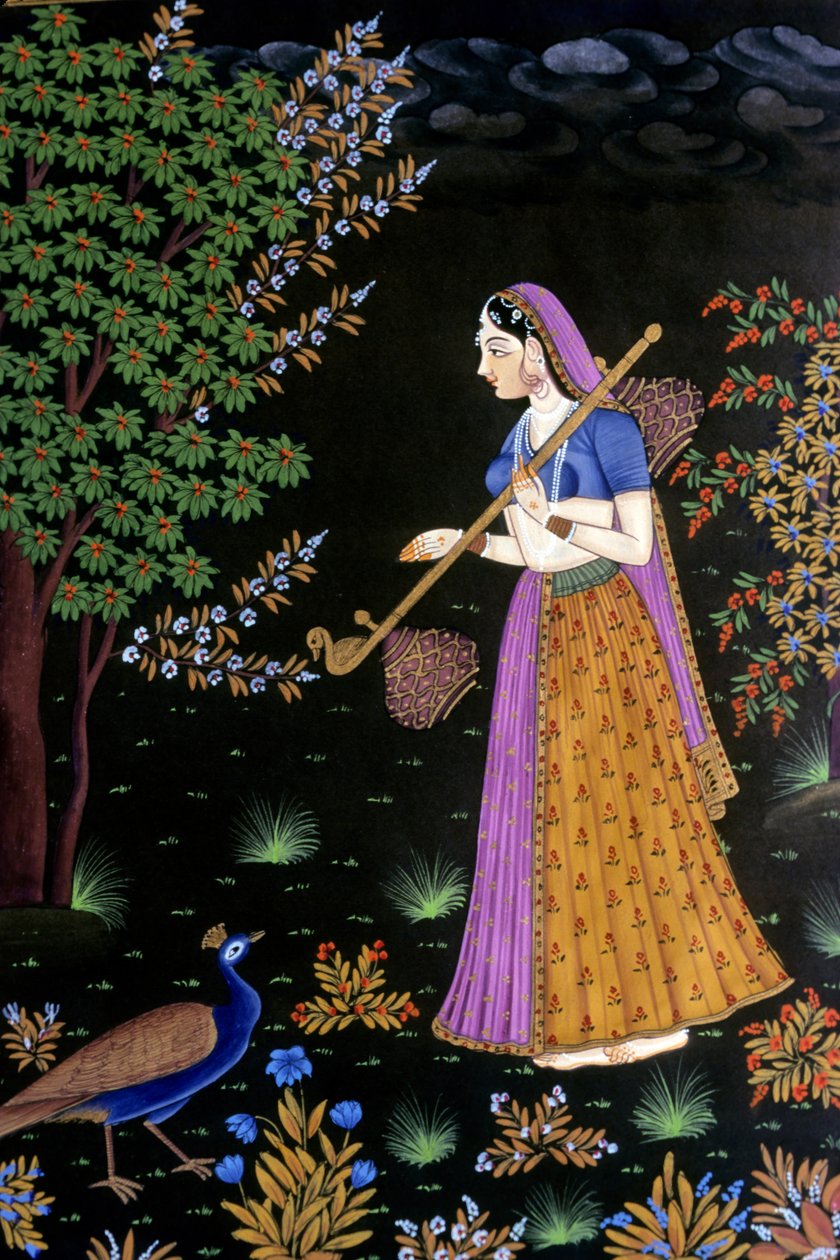 紙に描く、音楽を楽しむ女性、インド 作： 学校インド