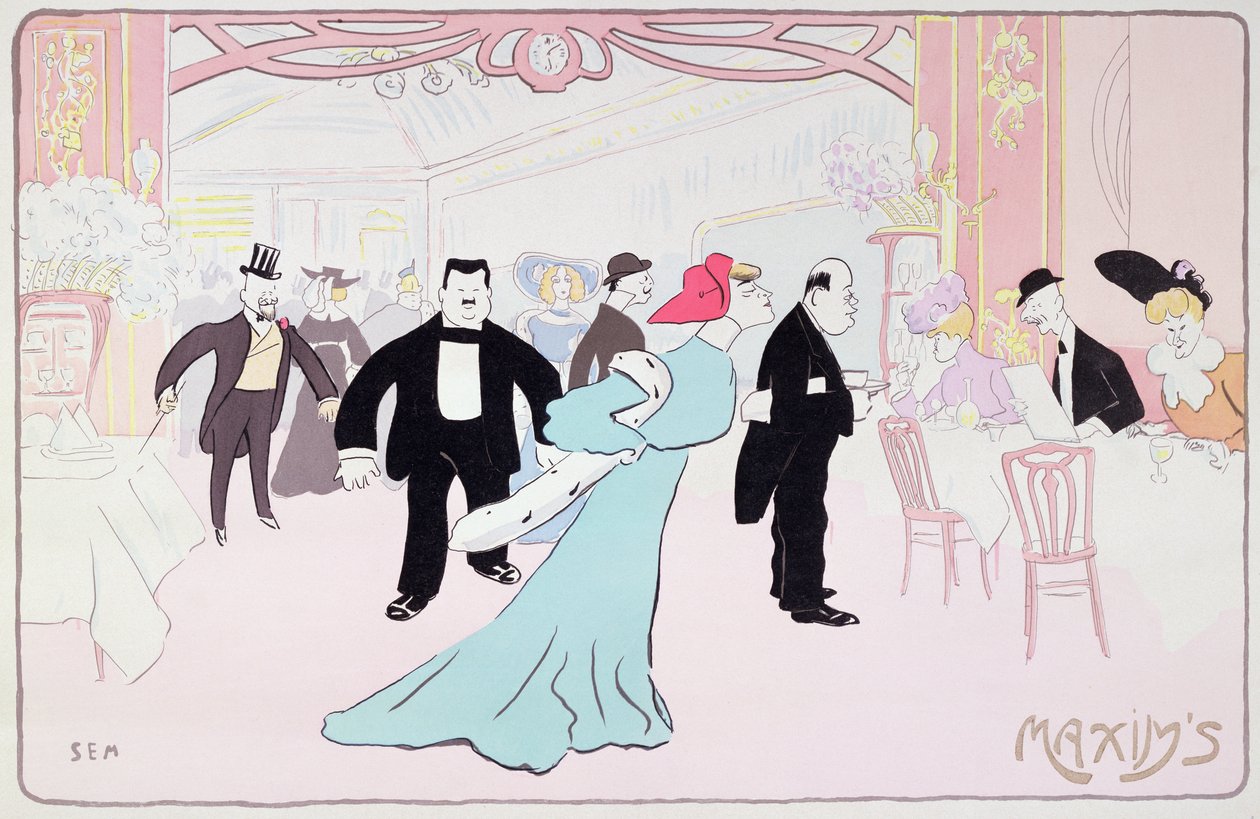 マキシムズ、c.1901（紙の上にペンとインクとトイレ） 作： セム