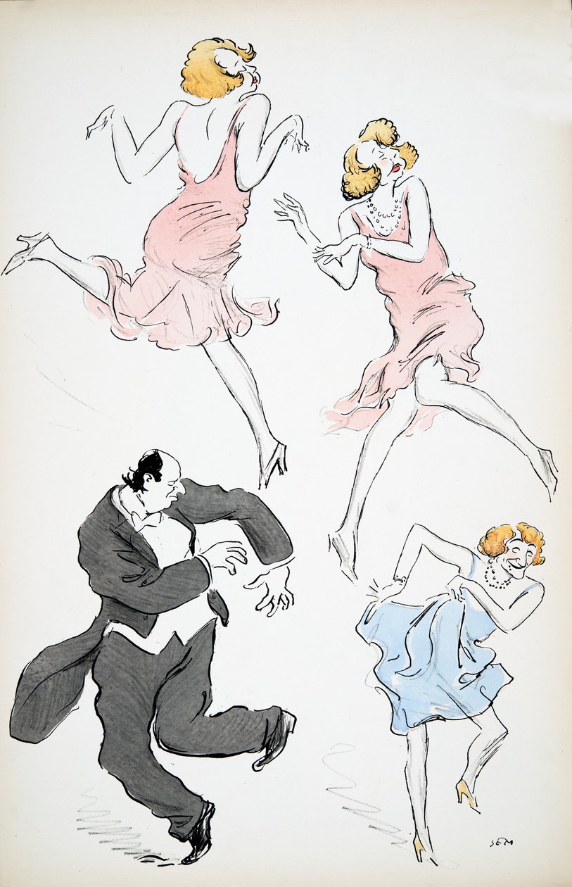 パブWhite Bottomsの、白いネクタイと尾の大きな紳士と踊る青とピンクのドレスを着た女装の3つのイラスト。 1927（カラーブロックプリント） 作： セム