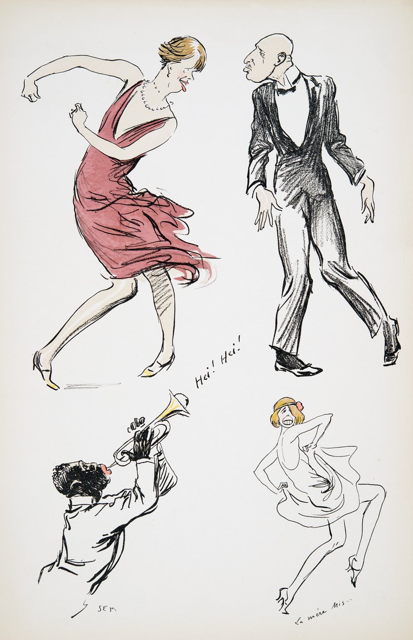 パブ、ホワイトボトムズ出身の2人の女装者と黒のネクタイを着てサックスに踊る男。 1927（カラーブロックプリント） 作： セム