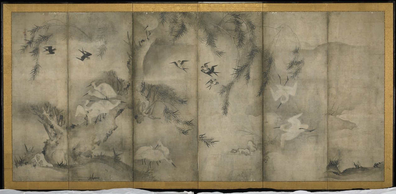 ヤナギ、プラムとヤナギのサギ、6つのパネルの屏風（紙にインク） 作： 雪村