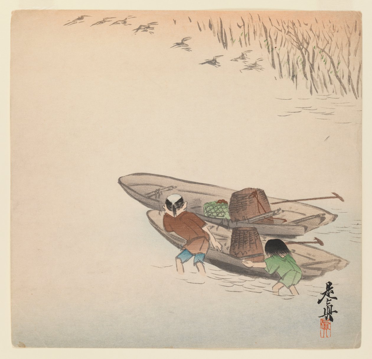 倉部花シリーズの少年と船を持つ漁師、1880年頃（木版カラープリント） 作： 柴田絶心