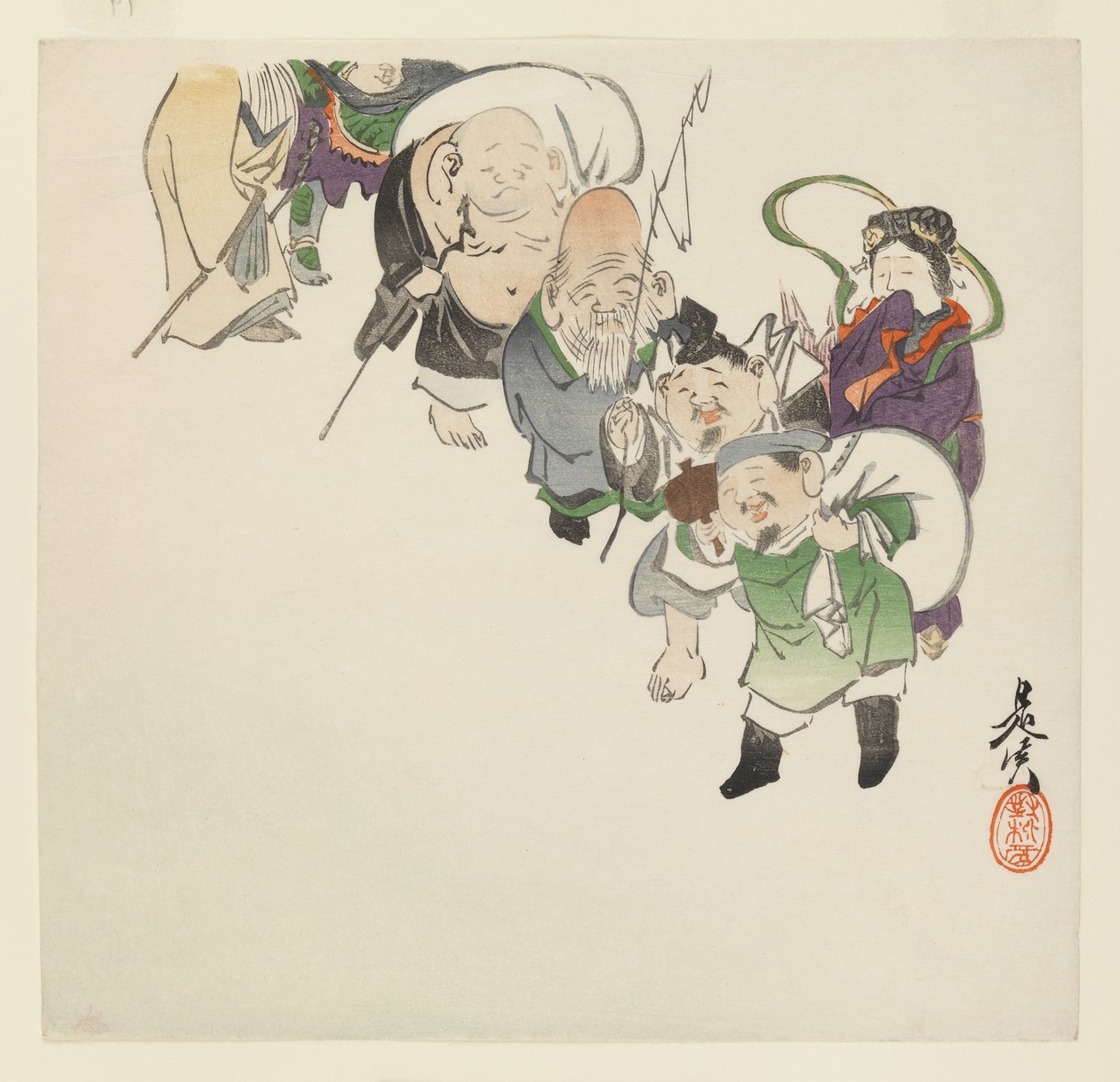 幸運の7つの神々、c。 1885（木版カラープリント） 作： 柴田絶心