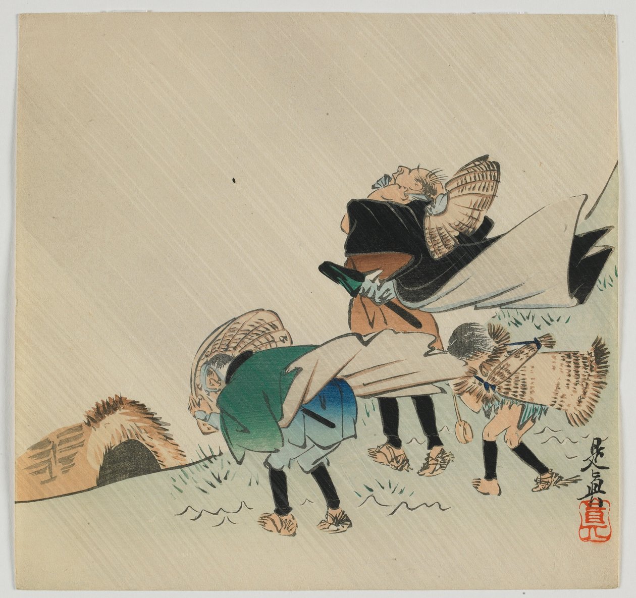風に巻き込まれた三人の旅人、明治時代、19世紀後半（色木版画） 作： 柴田絶心