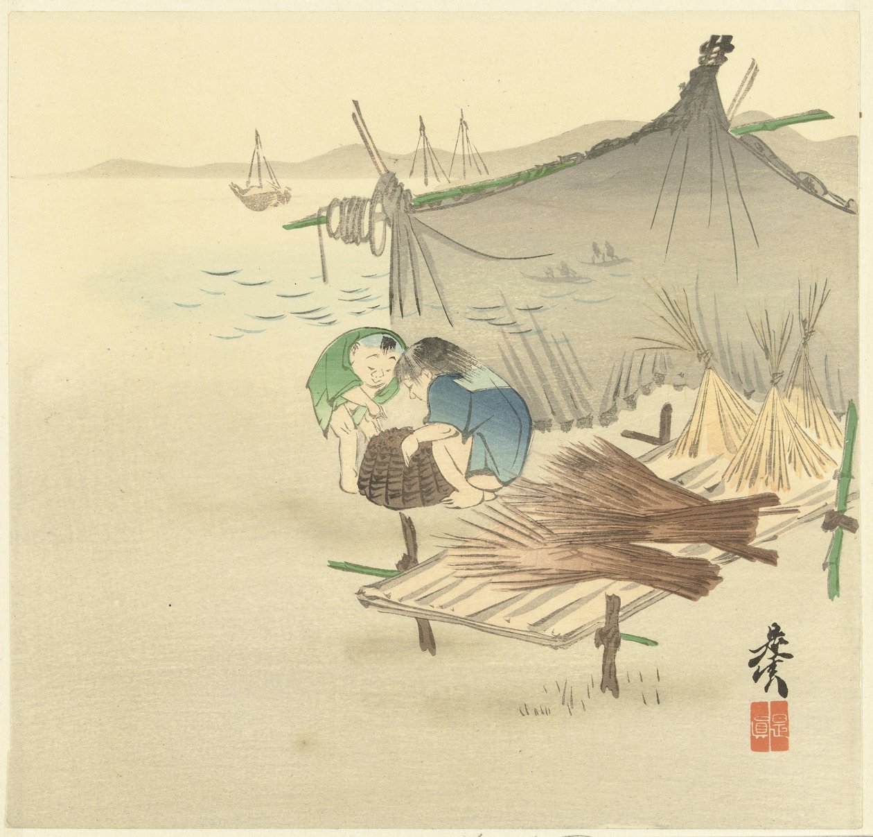 漁網の近くの子供たち 作： 柴田絶心