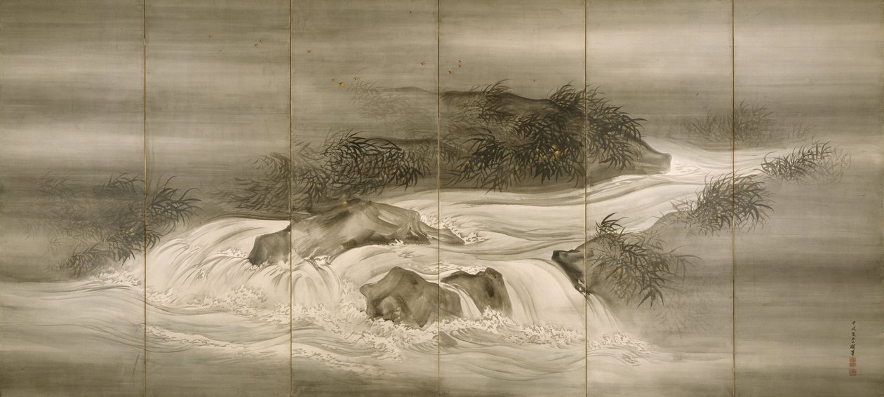 ホタルのいる川の風景、1874 作： 塩川文林