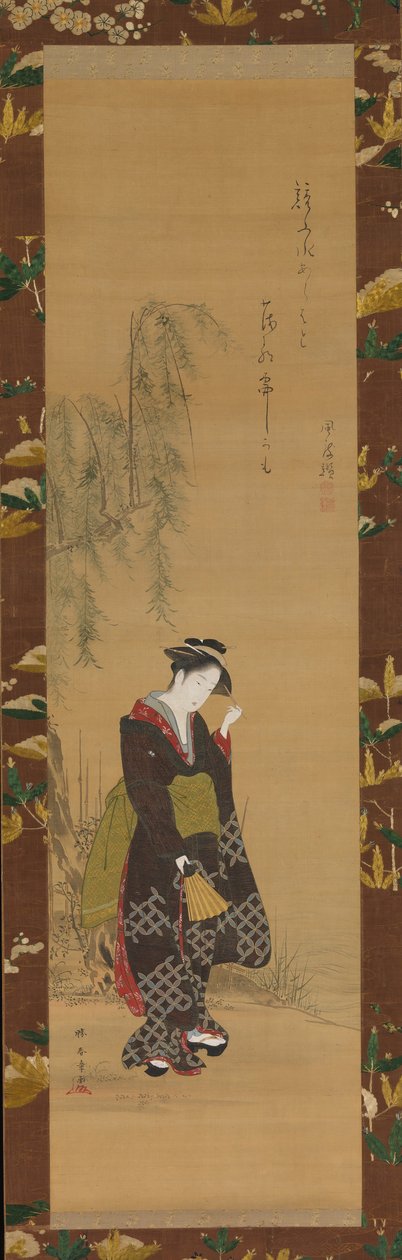 柳の木の下の女性、18世紀。 作： 春章