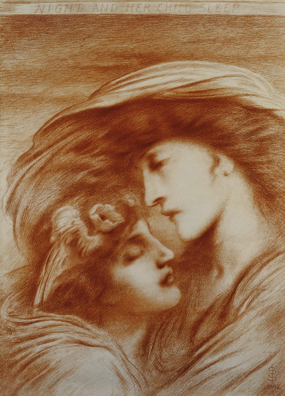 夜と彼女の子供の睡眠、1892（紙に赤いチョーク） 作： シメオン・ソロモン