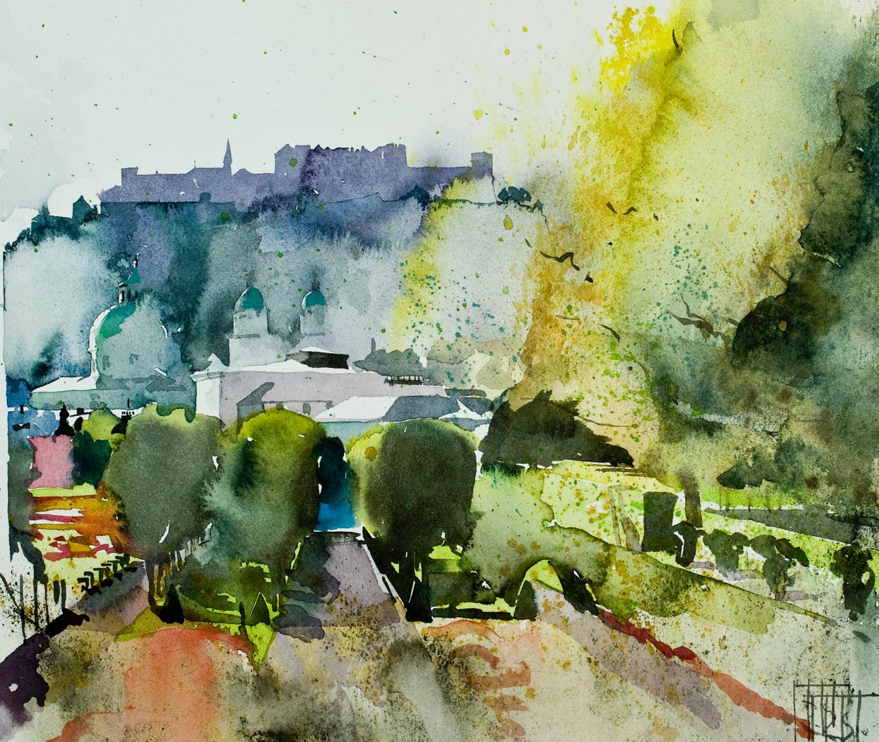 ミラベル庭園から見たザルツブルク、2008年（水彩画） 作： サイモン・フレッチャー