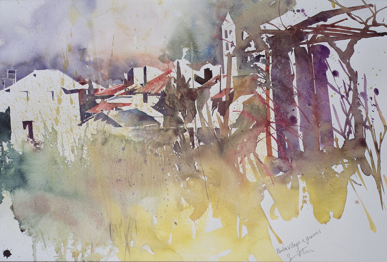 冬の村と草、フランス、2008年（水彩画） 作： サイモン・フレッチャー