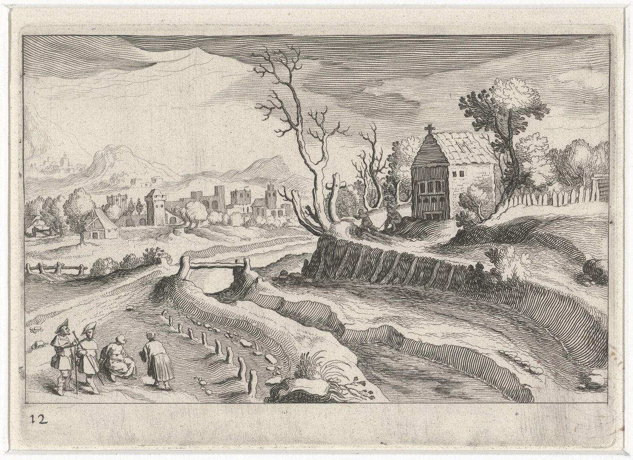 チャペルのある丘陵風景 南欧の風景（連載タイトル） Topographia variarum regionum (シリーズタイトル) 作： シモン・フリシウス