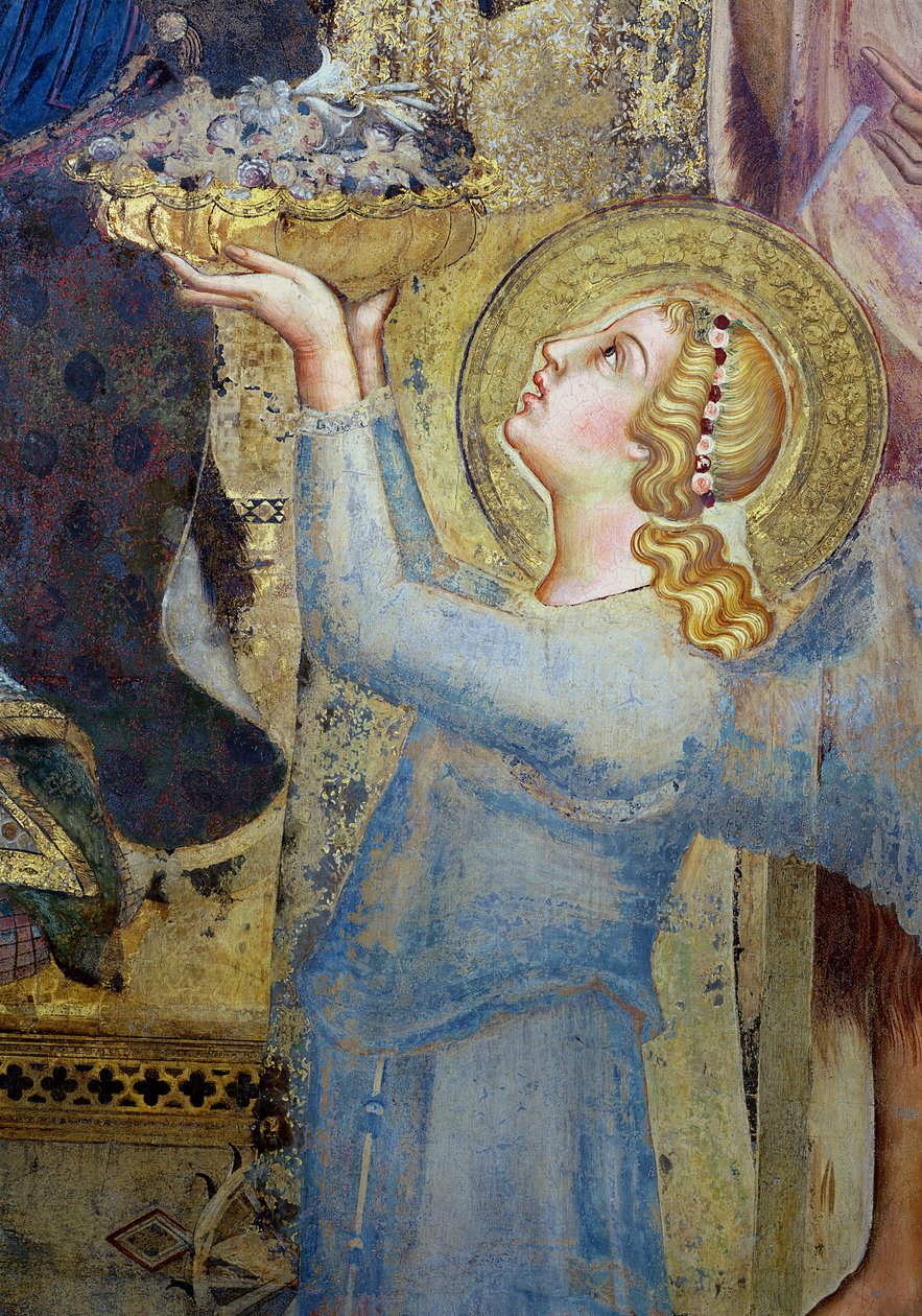 マエスタ：処女に花を捧げる天使、51591年の1315年のフレスコ画の詳細 作： シモーネ・マルティーニ