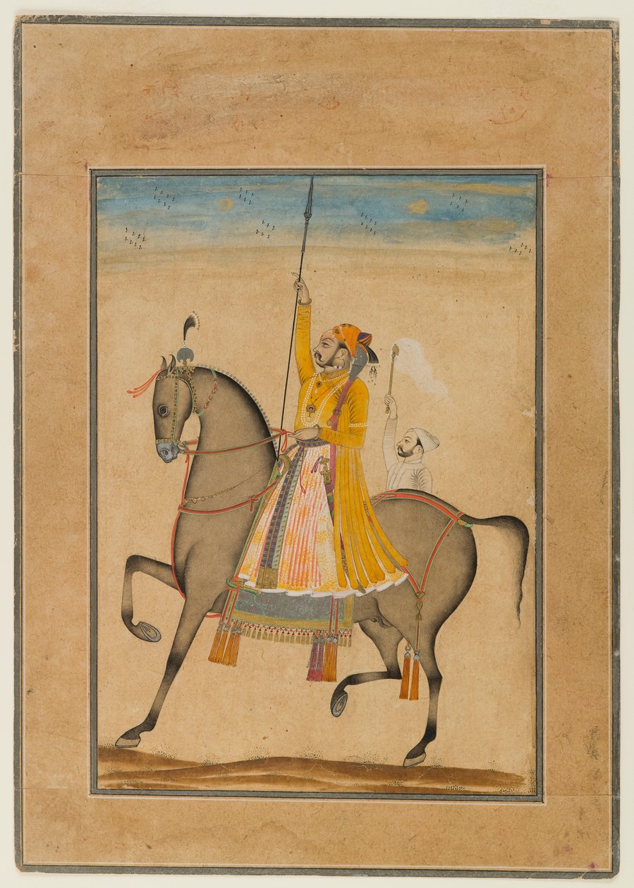 ビカネールのマハラジャスジャンシンの乗馬肖像画、1747年（紙に不透明なトイレ、シルバー、ゴールド） 作： ムハンマド属性の息子。カサムへ
