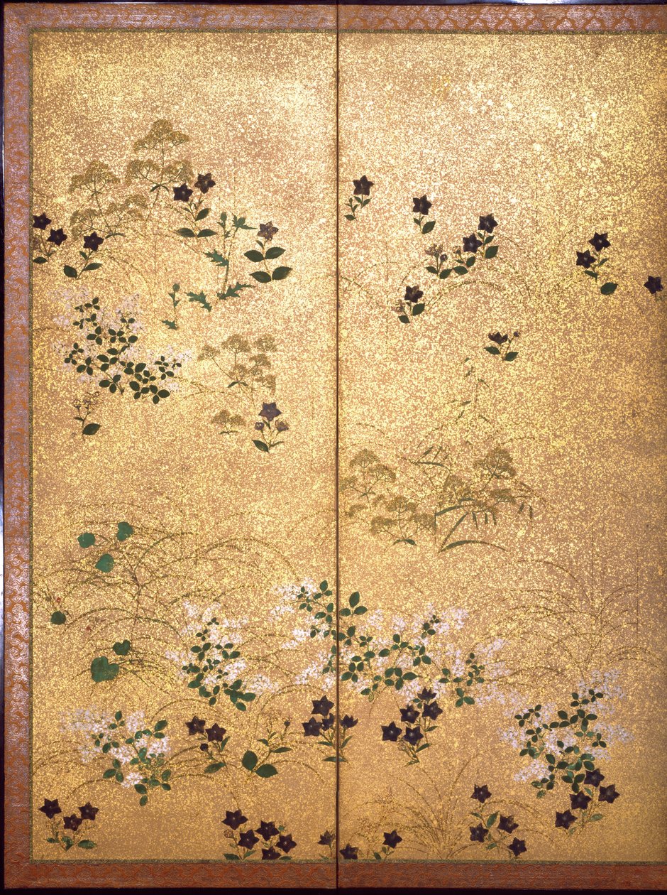 秋の草、6つのパネルの屏風の詳細、江戸時代（紙と紙と金箔） 作： 宗達ほっこよ創達ほっこよ