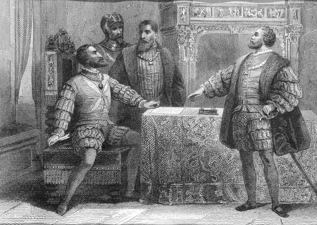 1526年1月14日、マドリッド条約に調印したスペインのカルロス5世（1500-58）とフランスのフランソワ1世（1494-1547） 作： スペイン語学校