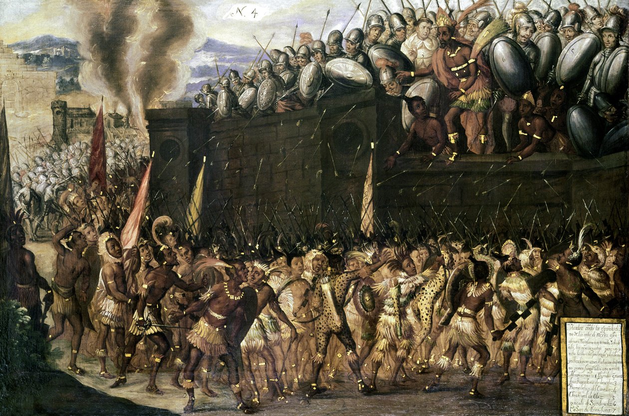 スペイン人によって捕らえられたモンテスマ（1466-1547）は、1520年にアステカ人が彼の宮殿を攻撃するときに降伏するようアステカ人に懇願します（パネルNo.4） 作： スペイン語学校