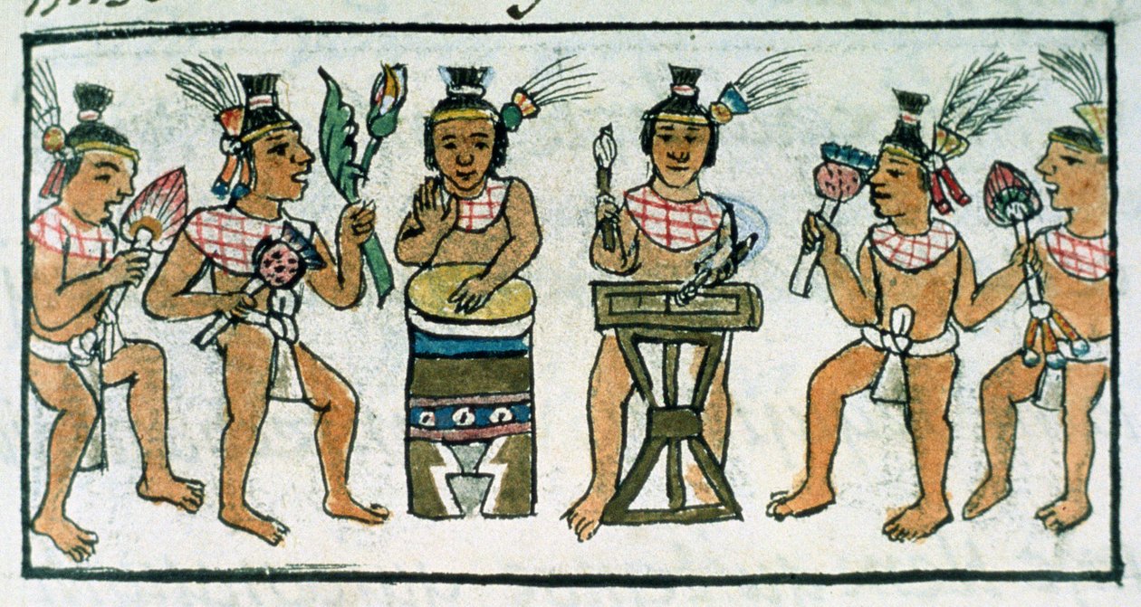 パラットさん218-220本IX中央メキシコのアステカの工芸の説明からのアステカのミュージシャン、ベルナルディーノデサアグンによる「Florentine Codex」、c.1540-85 作： スペイン語学校