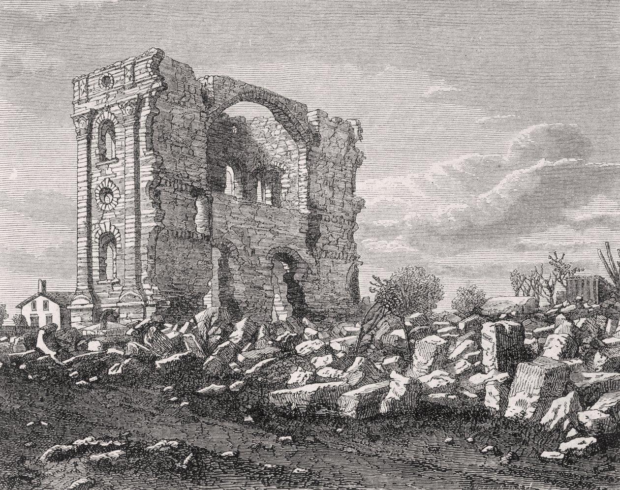1850年代のイリノイ州ノーブーのモルモン寺院の遺跡。1865年にマドリードで公開された「ラヴエルタアルムンド」から 作： スペイン語学校