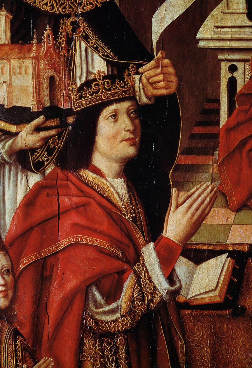 カトリックの王の処女、スペインのフェルディナンド王（1452-1516）c.1490を示す詳細（60603も参照） 作： スペイン語学校