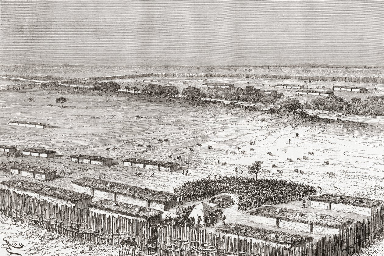 19世紀後半のタンザニアのウヘヘの首都。「アフリカピントレスカ」から1888年に出版されました。 作： スペイン語学校