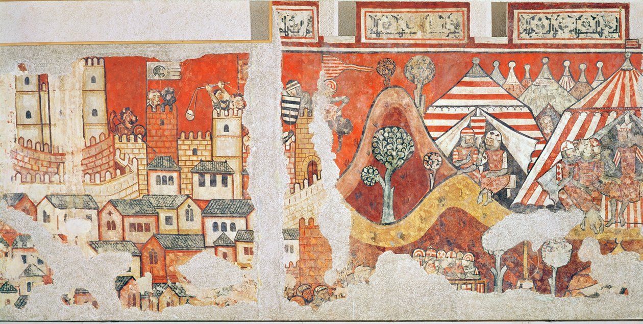 1229年のマヨルカ包囲戦時のアラゴン王ジェームズ1世の王室、パラシオアギラールの壁画の詳細、1280 作： スペイン語学校