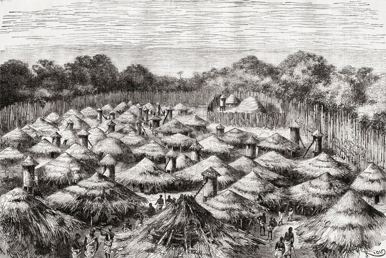 19世紀後半のタンザニアキワナの村。「アフリカピントレスカ」から1888年に出版されました。 作： スペイン語学校