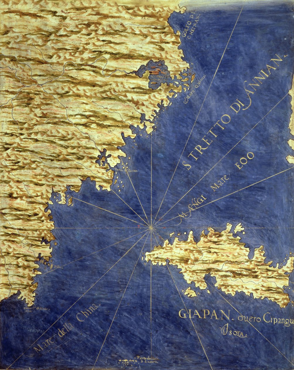 16世紀の日本の地図、「サラデッレカルテジオグラフィック」（地理地図のホール）1575 作： ステファノ・ボンシニョーリ