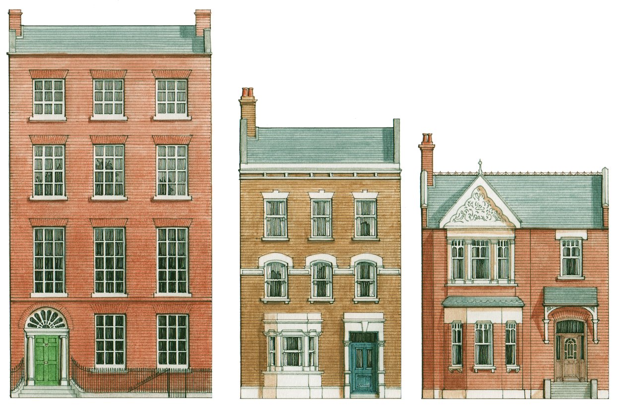 イギリスの住宅様式、1750-1910年頃（インク、水彩画） 作： スティーブン・コンリン