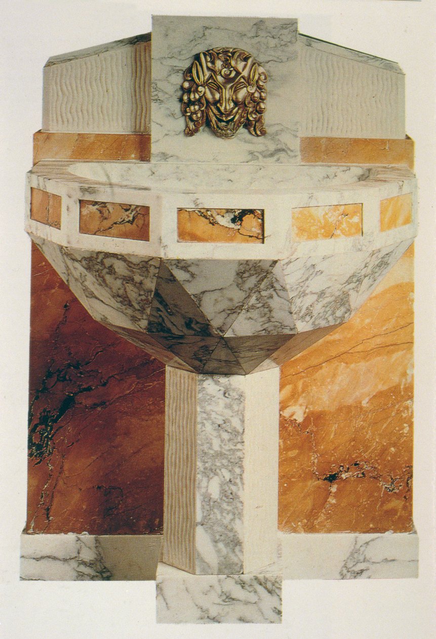 金箔ブロンズのサテュロスのマスクで飾られた壁の噴水、c.1925（大理石） 作： スーエマーレ