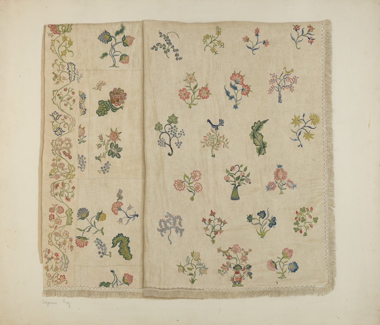 Crewel刺繍入りベッドカバー、c。 1941年。 作： スザンヌロイ
