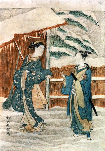 池のそばの2人の女性（紙にインクとガッシュ） 作： 鈴木春信