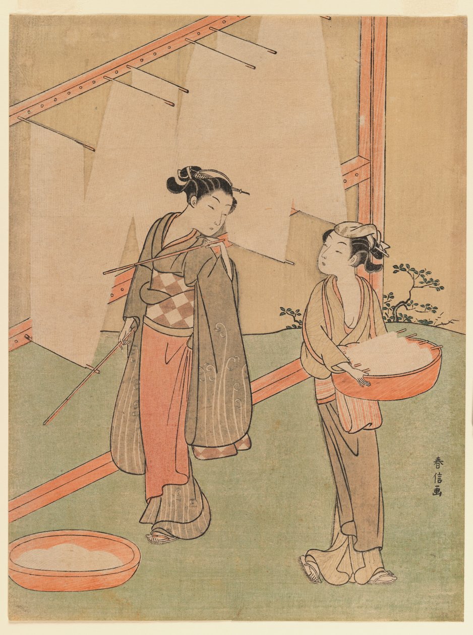 若い女の子と召使いが日本の上質な麺を乾かす、c.1766（色木版画） 作： 鈴木春信