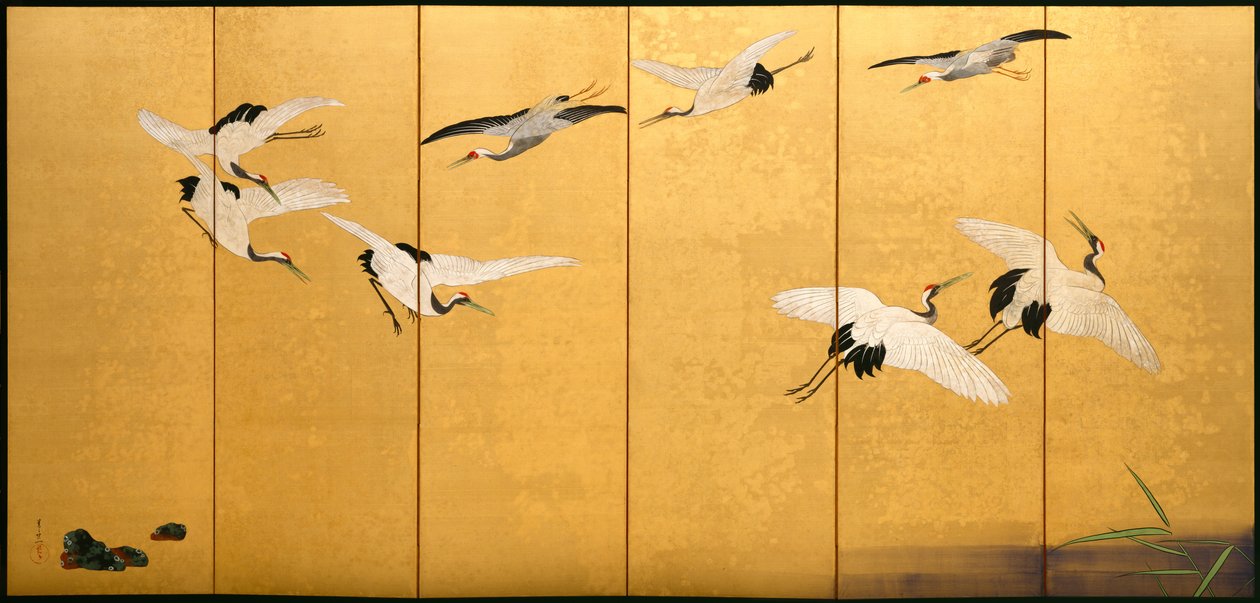 葦と鶴、江戸時代（金色の絹の色） 作： 鈴木其一