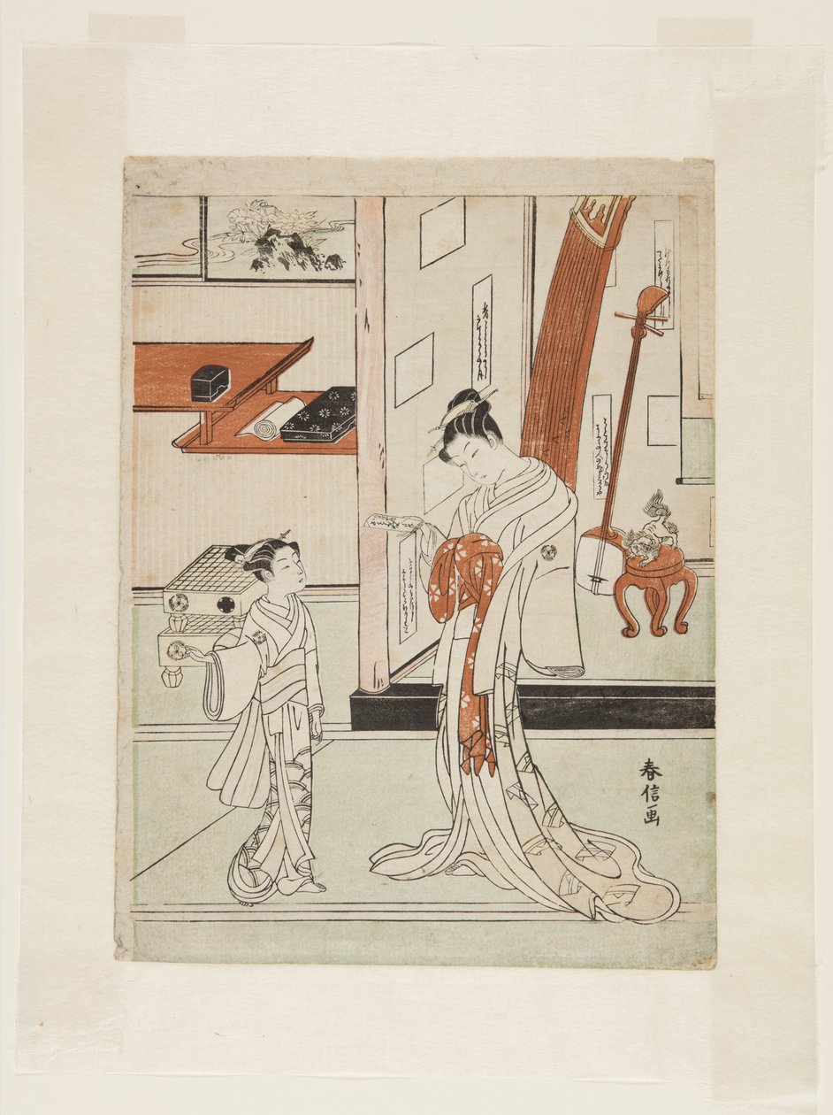 芸者とアテンド（カラー木版画 作： 鈴木春信