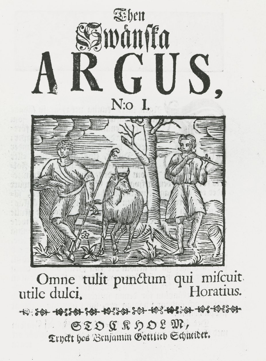 創刊号「Then Swänska Argus」。 作： スウェーデン語学校