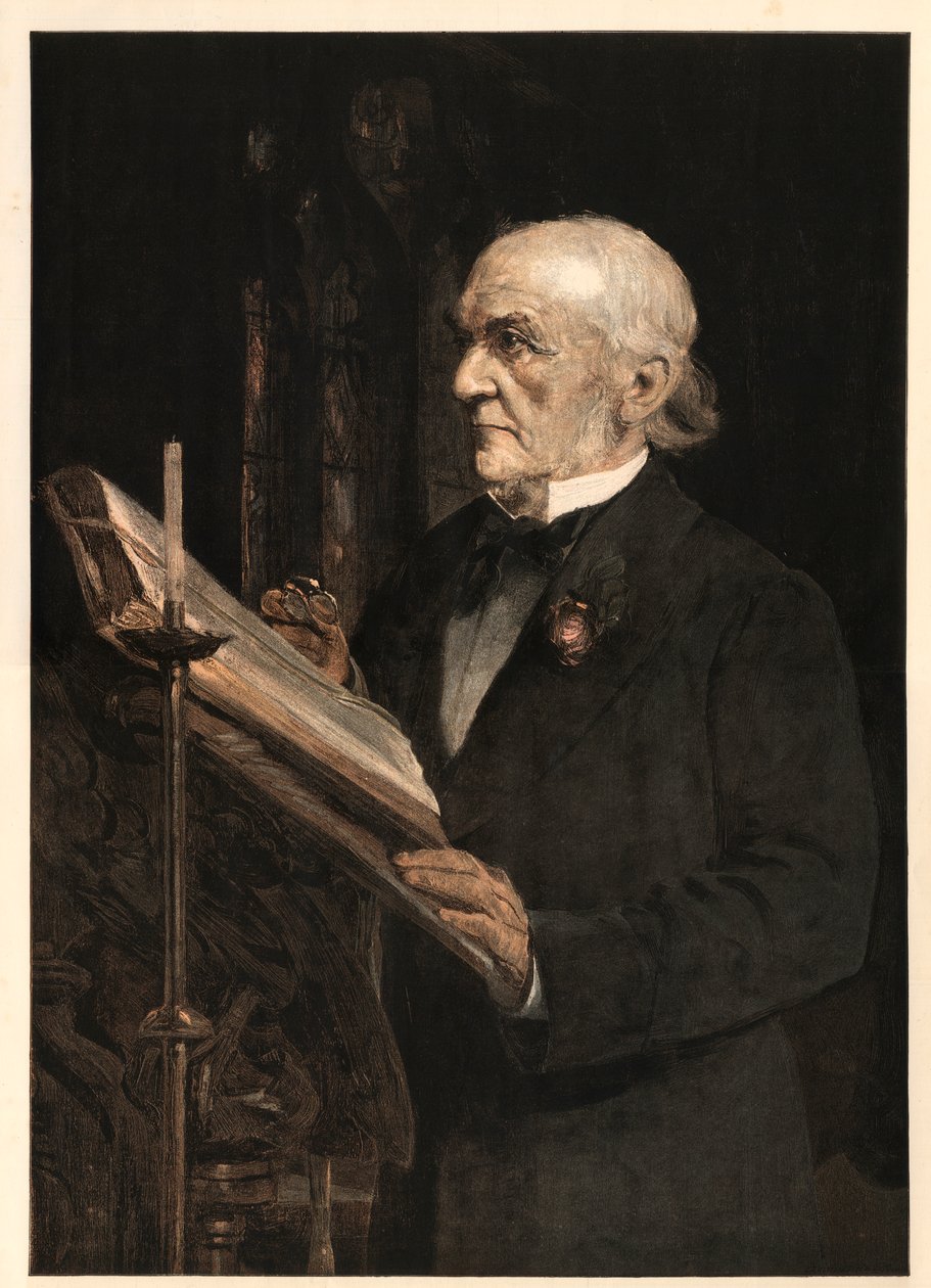 ウィリアム・エワートグラッドストーン（1809-1898）英国の政治家、ハワーデン教会でのレッスンを読んでいる。 作： シドニーアフターホール後