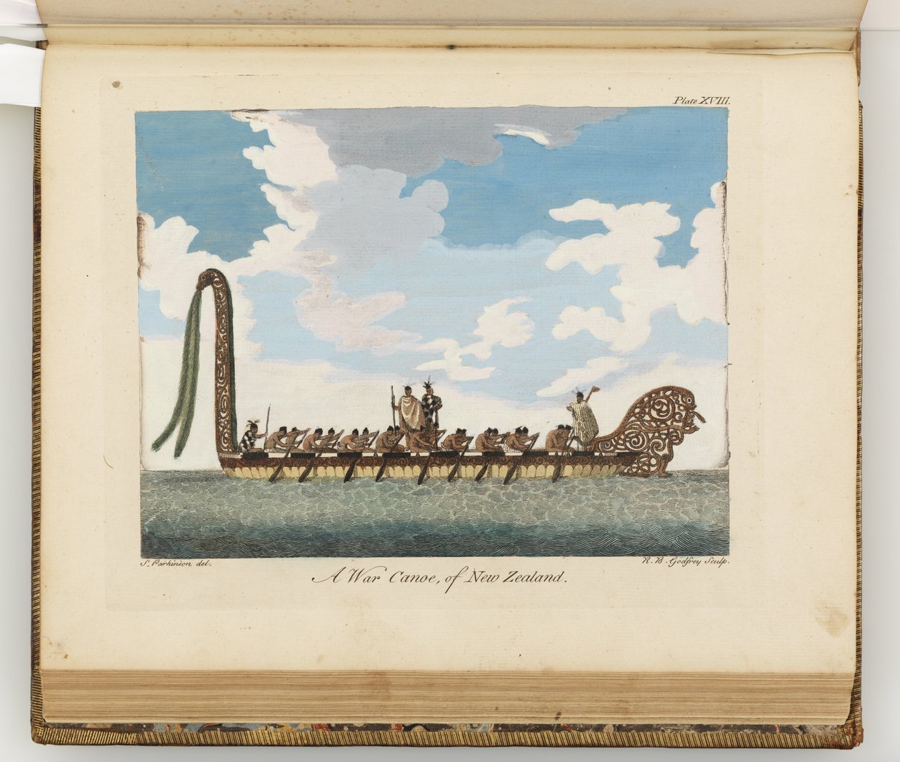 ニュージーランドの戦争カヌー、南洋への航海記からの挿絵：陛下の船、エンデバー号、1794年（手描きの彫刻） 作： シドニー