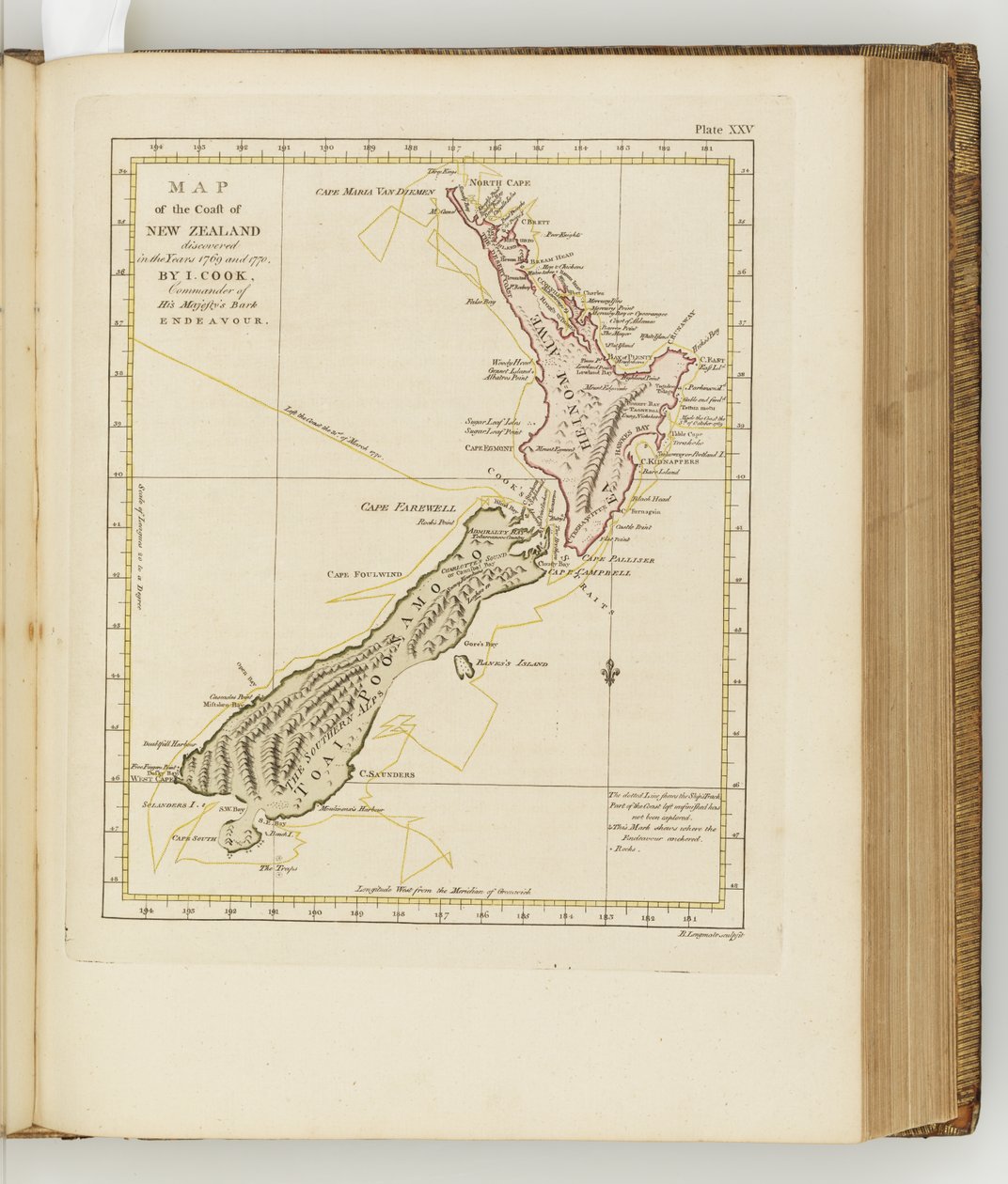ニュージーランドの海岸の地図、南洋への航海の日記からのイラスト：陛下の船、エンデバー号、1794年（手描きの彫刻） 作： シドニー