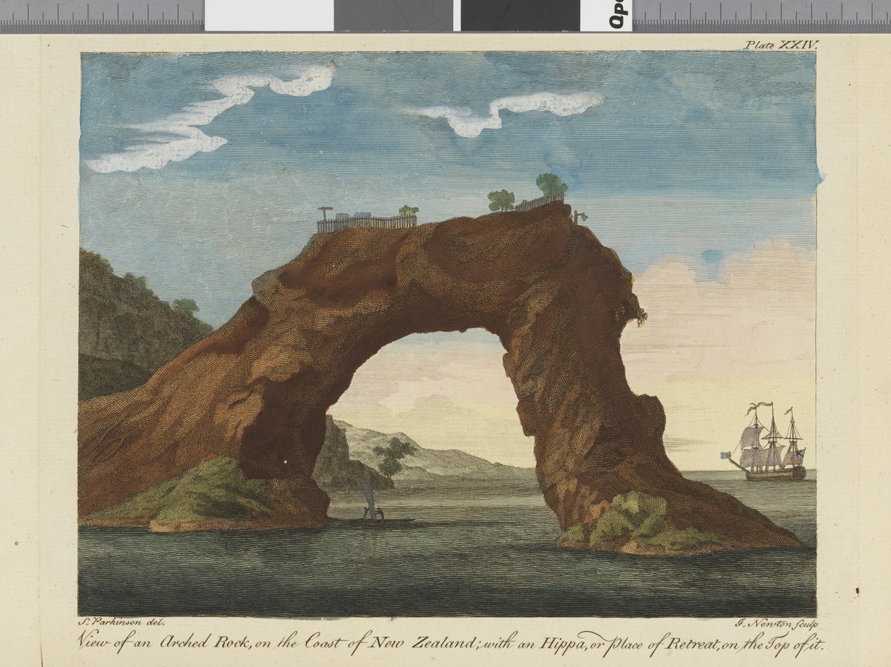 南の海への航海の日記からのアーチ型の岩のビュー、イラスト：陛下の船、エンデバー号、1794年（手彩色の彫刻） 作： シドニー