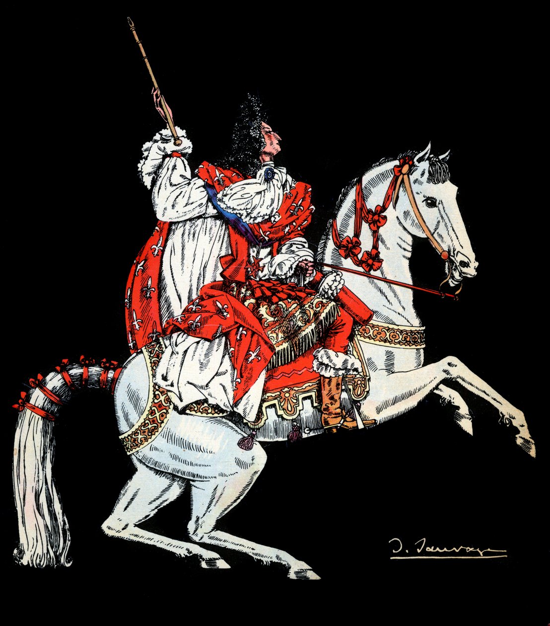 フランス王ルイ14世（1638〜1715）の乗馬の肖像画-1938年のフランツファンクブレンターノ（1862-1947）による本「ルイ14世」のシルヴァンソバージュ（1888-1948）のイラスト-注意！ thiの使用 作： シルヴァン・ソヴァージュ