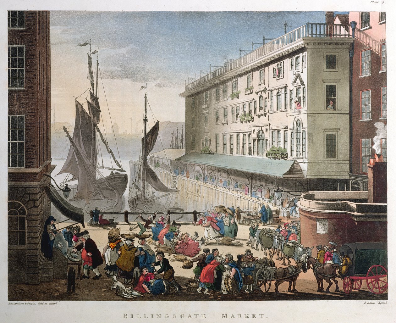 ビリングスゲートマーケット、ロンドン、1808年3月1日公開（アクアチント） 作： プギンとローランドソン