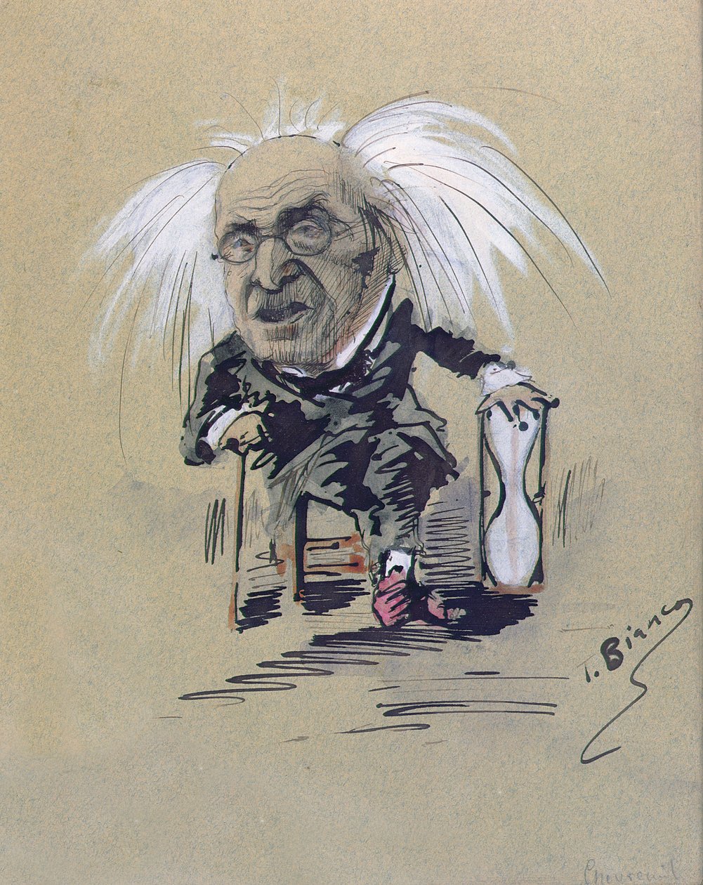 ミシェルユージーンシェブルの似顔絵（1786-1889）c.1885-89（紙にペンとインクとガッシュ） 作： T.ビアンコ