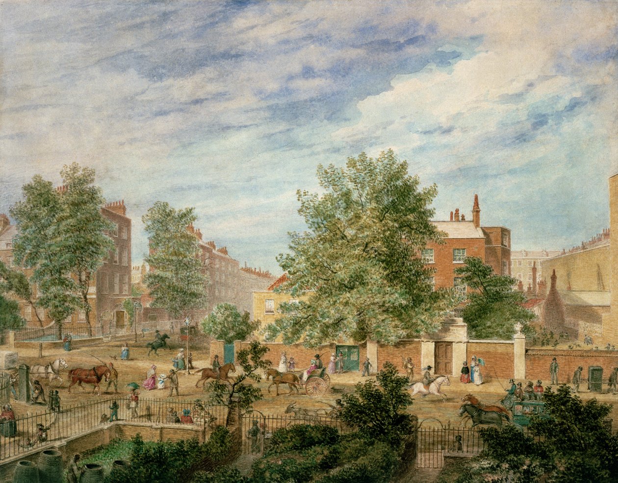 1849年夏に哲学の学校を示すリッソングローブとの交差点にあるメリルボーンロード 作： ポール・フィッシャー