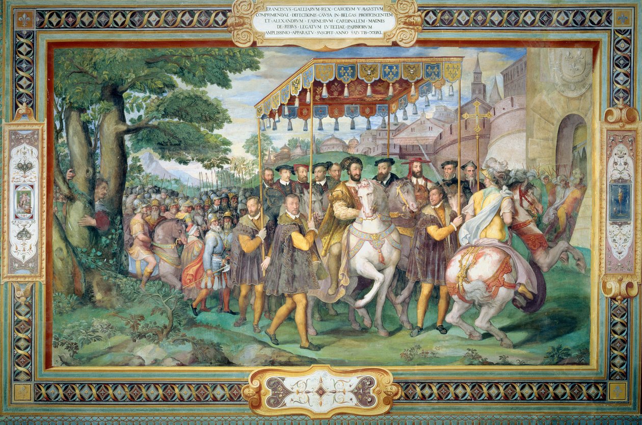 フランシス1世（1494〜1547年）とアレッサンドロファルネーゼ（1546-92年）、1540年に「サラデイファスティファルネーゼ」（ファルネーゼの素晴らしさのホール）から1540年にパリに入る 作： フェデリコ・ズッカロ